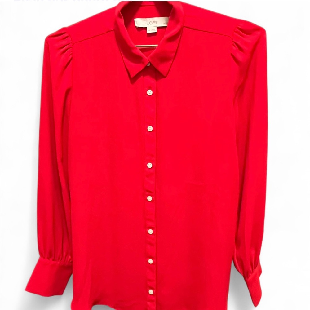 LOFT Red Button Down Shirt with Cuffed Sleeves and Dress Shirt Collar. Size XS